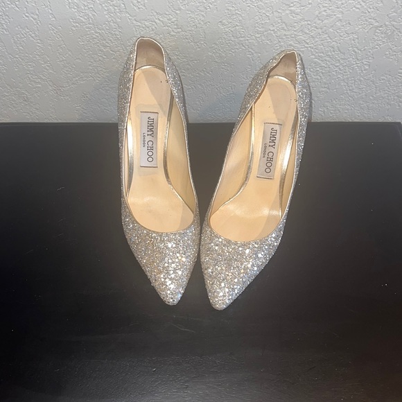 Jimmy Choi Authentic Silver Coarse Glitter Romy 85 Heels - Picture 4 of 9